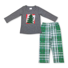 Load image into Gallery viewer, Grey Christmas tree top plaid pants boy clothing set