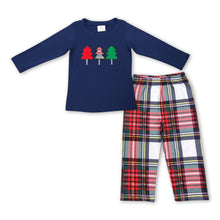 Load image into Gallery viewer, Navy Christmas tree top plaid pants boy clothing set