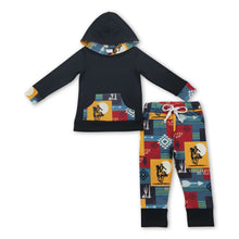 Load image into Gallery viewer, Black hoodie rodeo aztec patchwork pants kids outfits