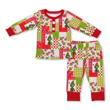 Load image into Gallery viewer, Green face plaid patchwork kids boy Christmas pajamas