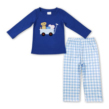 Load image into Gallery viewer, Blue dog heart top plaid pants boy Valentine's outfits