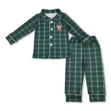 Load image into Gallery viewer, Green plaid deer boys Christmas button down pajamas