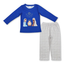 Load image into Gallery viewer, Blue long sleeves nativity top plaid pants boys Christmas set