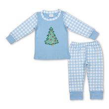 Load image into Gallery viewer, Light blue plaid Christmas tree kids boys Christmas pajamas