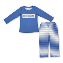 Load image into Gallery viewer, Jesus loves me top stripe pants boys clothing set