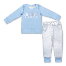 Load image into Gallery viewer, Jesus loves me this I know plaid boys clothing set
