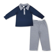 Load image into Gallery viewer, Navy polo shirt stripe pants boys clothing set
