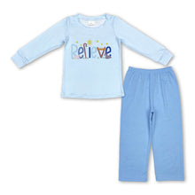 Load image into Gallery viewer, Light blue believe top pants boys Christmas outfits