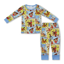 Load image into Gallery viewer, Light blue long sleeves horse rodeo kids pajamas