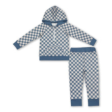 Load image into Gallery viewer, Light blue plaid long sleeves hoodie children clothing set