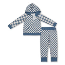 Load image into Gallery viewer, Light blue plaid long sleeves hoodie children clothing set