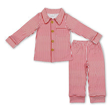 Load image into Gallery viewer, Red stripe pocket kids boys Christmas button down pajamas