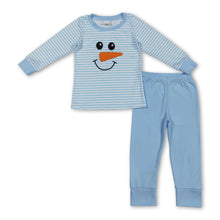 Load image into Gallery viewer, Light blue stripe snowman top pants kids boys pajamas