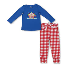 Load image into Gallery viewer, Blue candy cane house top plaid pants boys Christmas set