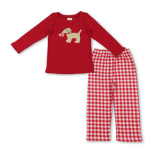 Load image into Gallery viewer, Red heart dog embroidery top plaid pants boys Valentine's set