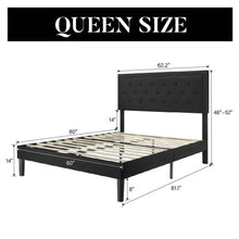 Load image into Gallery viewer, Queen Black Linen Upholstered Platform Bed Frame with Button-Tufted Headboard