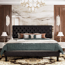 Load image into Gallery viewer, Queen Black Faux Leather Upholstered Platform Bed with Button-Tufted Headboard
