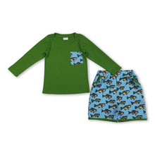 Load image into Gallery viewer, Green long sleeves fish pocket top shorts boys clothes