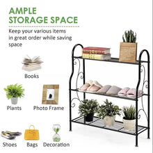 Load image into Gallery viewer, Indoor/Outdoor Black Metal 3-Tier Bookcase Plant Stand Shelving Rack