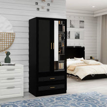 Load image into Gallery viewer, Black Wardrobe Armoire Cabinet with Mirror Hanging Rod and Storage Drawers