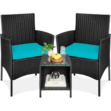 Load image into Gallery viewer, 3-Piece Black PE Wicker Outdoor Dining Patio Furniture Set w/ Teal Blue Cushions