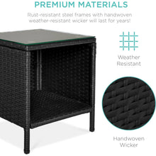 Load image into Gallery viewer, 3-Piece Black PE Wicker Outdoor Dining Patio Furniture Set w/ Teal Blue Cushions