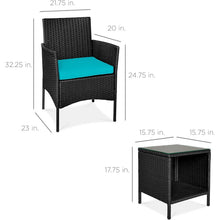 Load image into Gallery viewer, 3-Piece Black PE Wicker Outdoor Dining Patio Furniture Set w/ Teal Blue Cushions