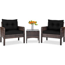 Load image into Gallery viewer, 3-Piece Brown PE Rattan Outdoor Dining Patio Furniture Set with Black Cushions