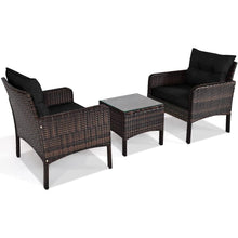 Load image into Gallery viewer, 3-Piece Brown PE Rattan Outdoor Dining Patio Furniture Set with Black Cushions
