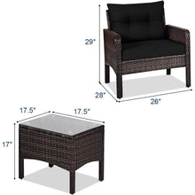 Load image into Gallery viewer, 3-Piece Brown PE Rattan Outdoor Dining Patio Furniture Set with Black Cushions