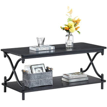 Load image into Gallery viewer, Modern Industrial Black Metal Wood Coffee Table with Bottom Storage Shelf