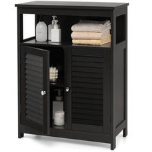 Load image into Gallery viewer, Black Farmhouse Bathroom Linen Cabinet with Louvered Doors and Open Shelf