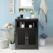 Load image into Gallery viewer, Black Farmhouse Bathroom Linen Cabinet with Louvered Doors and Open Shelf