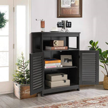 Load image into Gallery viewer, Black Farmhouse Bathroom Linen Cabinet with Louvered Doors and Open Shelf