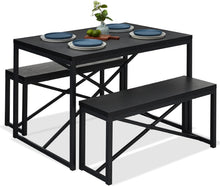 Load image into Gallery viewer, Modern 3-Piece Dining Set - Metal Frame Black Wood Top Table and 2 Bench Chairs