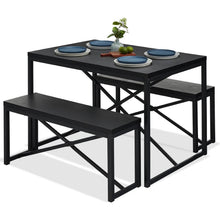 Load image into Gallery viewer, Modern 3-Piece Dining Set - Metal Frame Black Wood Top Table and 2 Bench Chairs