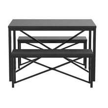Load image into Gallery viewer, Modern 3-Piece Dining Set - Metal Frame Black Wood Top Table and 2 Bench Chairs