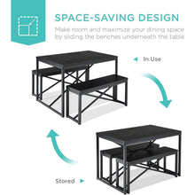 Load image into Gallery viewer, Modern 3-Piece Dining Set - Metal Frame Black Wood Top Table and 2 Bench Chairs