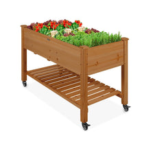 Load image into Gallery viewer, Outdoor Brown Wood Raised Garden Bed Planter Box with Shelf and Locking Wheels