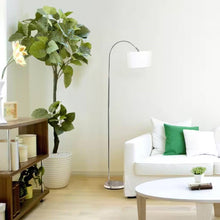 Load image into Gallery viewer, Modern Mid-Century Floor Lamp in Brushed Nickel Finish with White Drum Shade