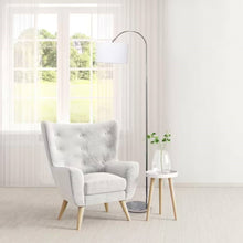 Load image into Gallery viewer, Modern Mid-Century Floor Lamp in Brushed Nickel Finish with White Drum Shade