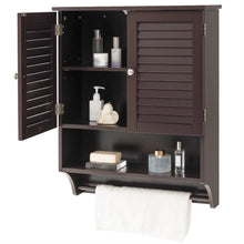 Load image into Gallery viewer, Brown Wall-Mounted Bathroom Medicine Cabinet with Louver Doors and Towel Bar