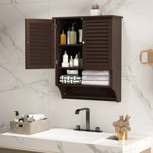 Load image into Gallery viewer, Brown Wall-Mounted Bathroom Medicine Cabinet with Louver Doors and Towel Bar