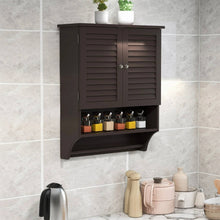 Load image into Gallery viewer, Brown Wall-Mounted Bathroom Medicine Cabinet with Louver Doors and Towel Bar