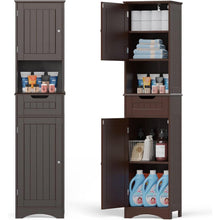 Load image into Gallery viewer, Dark Brown Bathroom Linen Cabinet Tower with 2 Doors Storage Drawer and Shelf
