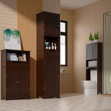 Load image into Gallery viewer, Dark Brown Bathroom Linen Cabinet Tower with 2 Doors Storage Drawer and Shelf