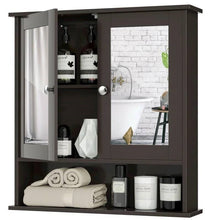 Load image into Gallery viewer, Brown Wooden Bathroom Wall / Medicine Cabinet with Mirrored Doors and Shelf