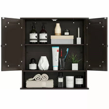Load image into Gallery viewer, Brown Wooden Bathroom Wall / Medicine Cabinet with Mirrored Doors and Shelf
