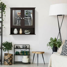 Load image into Gallery viewer, Brown Wooden Bathroom Wall / Medicine Cabinet with Mirrored Doors and Shelf