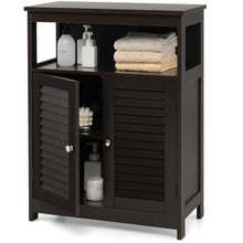 Load image into Gallery viewer, Brown Farmhouse Bathroom Linen Cabinet with Louvered Doors and Open Shelf